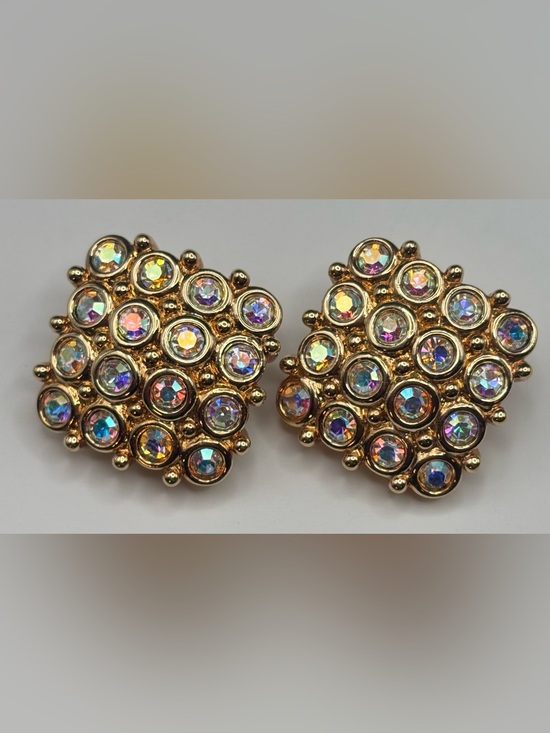 Swarovski Jewelry - Swarovski Swan Signed Vintage AB Rhinestone Gold Tone Cluster Clip On Earrings